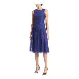 NWT Banana Republic Knee Length Dress 8 MED Blue Crewneck Sleeveless Pleated